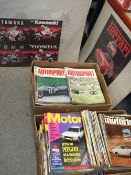 TWO BOXES OF VINTAGE MOTOR SPORT MAGAZINES TOGETHER WITH A COLLECTION OF UNFRAMED FERRARI AND