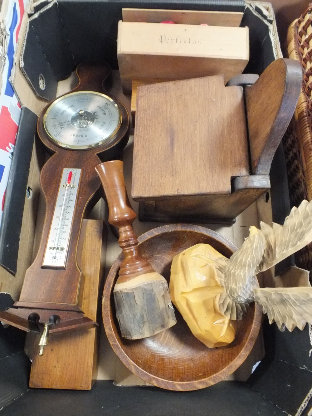 A TRAY OF ASSORTED TREEN COLLECTABLES TO INCLUDE A MAHOGANY BAROMETER, CARVED FIGURE OF AN EAGLE