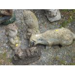 FOUR STONE GARDEN ORNAMENT TO INCLUDE OWLS BADGER ETC - A/F