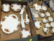 TWO TRAY OF ROYAL ALBERT OLD COUNTRY ROSES CHINA TO INCLUDE A CAKE STAND, TRIOS ETC.