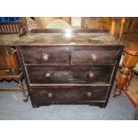 AN ANTIQUE STAINED FOUR DRAWER CHEST OF SMALL PROPORTIONS H-84 CM W-96 CM