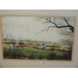 A GILT FRAMED AND GLAZED WATERCOLOUR DEPICTING A HUNTING SCENE SIGNED 'NICK TURLEY' 30 X 45 CM