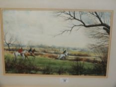 A GILT FRAMED AND GLAZED WATERCOLOUR DEPICTING A HUNTING SCENE SIGNED 'NICK TURLEY' 30 X 45 CM