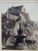 FREDERICK DONALD BLAKE (1908-1997). Study of a fountain before Edinburgh castle, signed lower right,