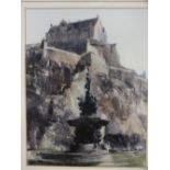 FREDERICK DONALD BLAKE (1908-1997). Study of a fountain before Edinburgh castle, signed lower right,