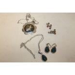 A SILVER CHAIN & PENDANT TOGETHER WITH A PAIR OF AMBER CUFFLINKS AND A BLUE STONE & SILVER JEWELLERY