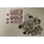 A SELECTION OF COINS AND NOTES TO INCLUDE PRE-DECIMAL EXAMPLES, 10 SHILLING NOTES ETC.