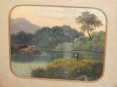 AN ANTIQUE GILT FRAMED OIL PAINTING OF A RURAL LAKELAND SCENE WITH FISHERMAN SIZE-27CM X 22CM