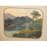 AN ANTIQUE GILT FRAMED OIL PAINTING OF A RURAL LAKELAND SCENE WITH FISHERMAN SIZE-27CM X 22CM