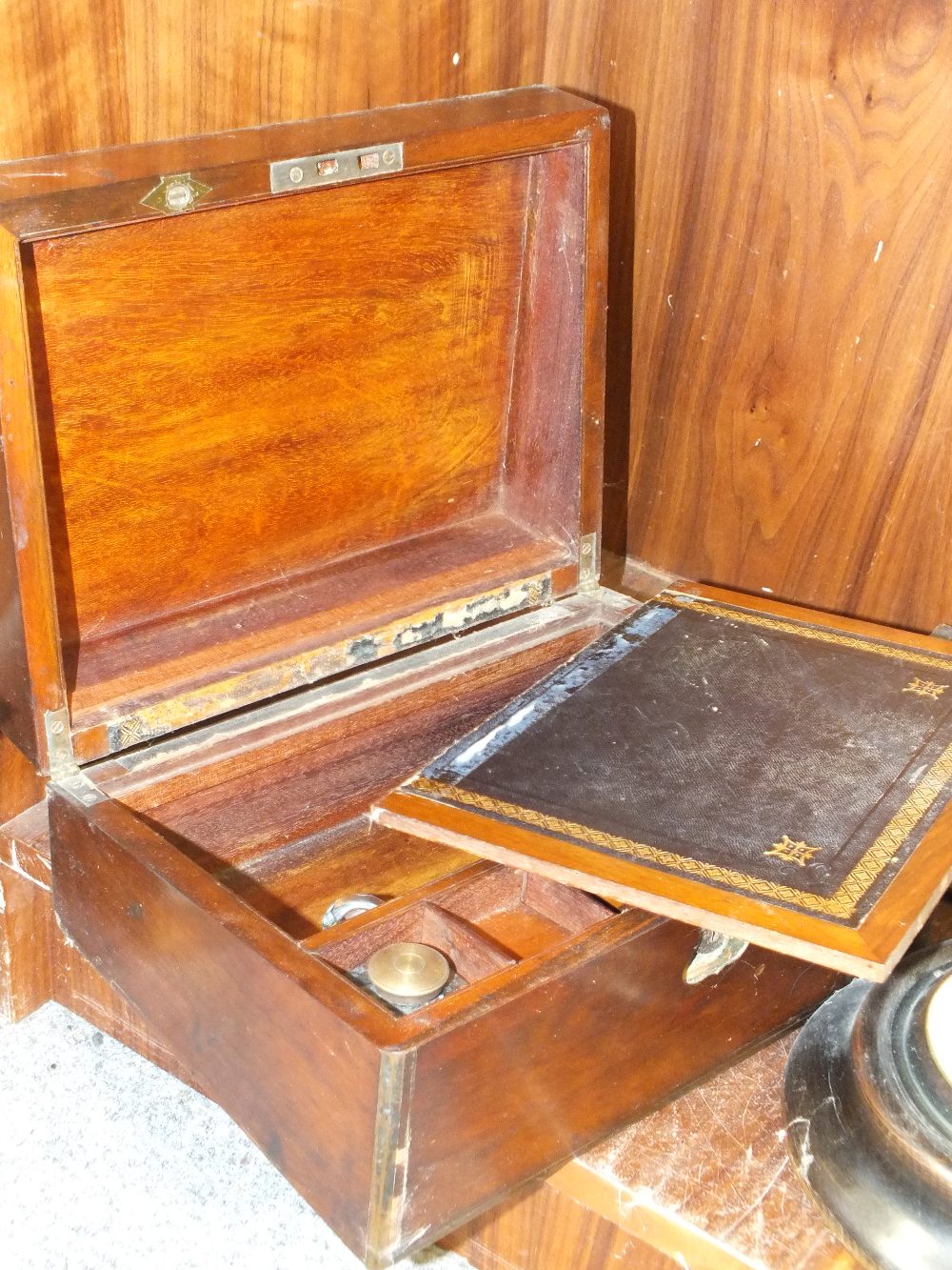 A VINTAGE WRITING SLOPE, A SHORT MASON BAROMETER AND A NAPOLEON HAT MANTEL CLOCK (3) - Image 2 of 2