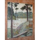 AN UNFRAMED OIL ON BOARD OF A WOODED ROCKY LAKE SCENE SIGNED C A REID 30.5 X 25.5 CM