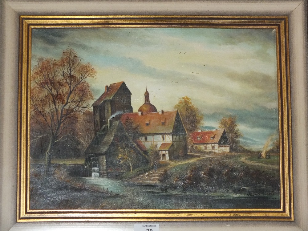 A PAIR OF GILT FRAMED OIL ON CANVASES OF A HORSE DRAWN WOOD CARTING SCENE AND A WATER MILL, H 30 - Image 3 of 3