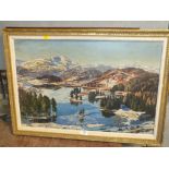 A FRAMED OIL ON BOARD DEPICTING A MOUNTAINOUS LAKELAND SCENE SIGNED A. H. ANDREWS SIZE - 66CM X 33.