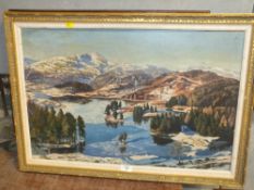 A FRAMED OIL ON BOARD DEPICTING A MOUNTAINOUS LAKELAND SCENE SIGNED A. H. ANDREWS SIZE - 66CM X 33.