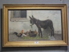 19TH CENTURY ENGLISH SCHOOL - DONKEY AND CHICKENS OUTSIDE A STABLE OIL ON CANVAS 30 X 51.5 CM
