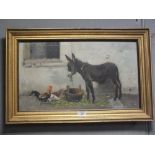 19TH CENTURY ENGLISH SCHOOL - DONKEY AND CHICKENS OUTSIDE A STABLE OIL ON CANVAS 30 X 51.5 CM