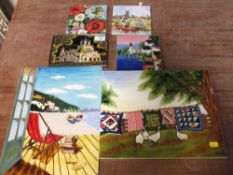 A COLLECTION OF TUBELINED TILES TO INC A BEACH SCENE - LARGEST 35.5 X 28 CM (6)