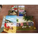 A COLLECTION OF TUBELINED TILES TO INC A BEACH SCENE - LARGEST 35.5 X 28 CM (6)