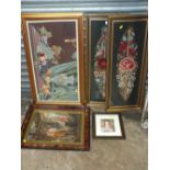 THREE FRAMED AND GLAZED CROSS STITCH PICTURES TOGETHER WITH TWO PRINTS