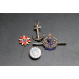 FOUR ASSORTED BADGES TO INCLUDE A STERLING SILVER ROYAL NAVY ENAMEL PIN BROOCH, (4)