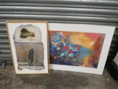 AN UNFRAMED ABSTRACT PRINT OF A STILL LIFE STUDY BY ODILOW REDON TOGETHER WITH AN ABSTRACT ROBERT