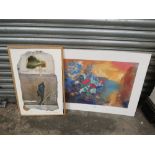 AN UNFRAMED ABSTRACT PRINT OF A STILL LIFE STUDY BY ODILOW REDON TOGETHER WITH AN ABSTRACT ROBERT