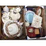 TWO TRAYS OF CERAMICS AND COLLECTABLES TO INCLUDE MODERN WALL CLOCKS, TRINKET BOXES AND A FRAMED AND