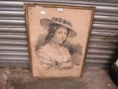AN ANTIQUE FRAMED AND GLAZED PENCIL PORTRAIT STUDY OF A LADY - OVERALL SIZE 72CM X 55CM
