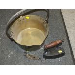 A VINTAGE BRASS JAM PAN, TOGETHER WITH A CAST METAL FLAT IRON AND A SALTERS POCKET SCALE (3)