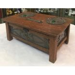 EARLY 20th CENTURY ARTS & CRAFTS OAK AND COPPER-MOUNTED BRIDGE BOX mounted with six copper panels