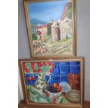 TWO GILT FRAMED OIL ON BOARDS DEPICTING A TABLE TOP STILL LIFE STUDY AND A CONTINENTAL VIEW SCENE BY