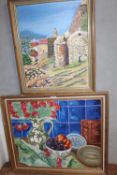 TWO GILT FRAMED OIL ON BOARDS DEPICTING A TABLE TOP STILL LIFE STUDY AND A CONTINENTAL VIEW SCENE BY