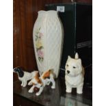 A BOXED FLORAL BELLEEK MILLENNIUM 2000 VASE, TOGETHER WITH TWO BESWICK DOG FIGURES AND A ROYAL