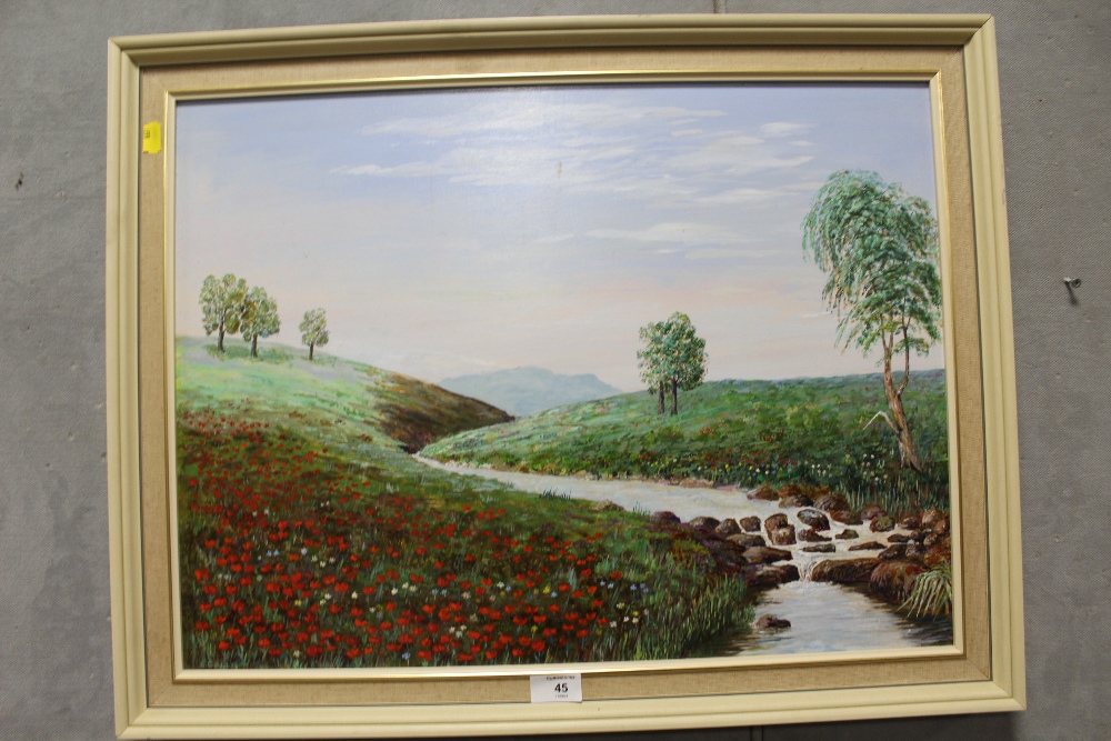 A FRAMED OIL ON BOARD OF A COUNTRY RIVER SCENE WITH POPPY FIELD - SIZE 45CM X 59CM - Image 2 of 2