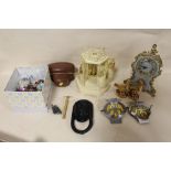 A TRAY OF COLLECTABLES TO INCLUDE COSTUME JEWELLERY, MUSICAL CIGARETTE DISPENSER, VINTAGE AA