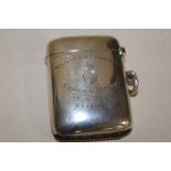 A HALLMARKED SILVER VESTA CASE ENGRAVED 'NORTHERN COMMAND BOMBING SCHOOL APRIL 1917 V.F. COURSE',