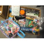 A BOX OF BOARD GAMES, DOLL ACCESSORIES ETC.