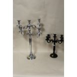 TWO MODERN FIVE BRANCH CANDELABRAS, LARGEST 60 CM