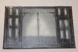 AFTER LAWRENCE STEPHEN LOWRY - A PENCIL DRAWING ON CARD STUDY OF A STREET LAMP BEFORE RAILINGS -