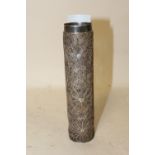 A WHITE METAL FILIGREE CYLINDRICAL VASE