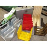 A QUANTITY OF PLASTIC RECORD SHELVES, HARD CASE ETC