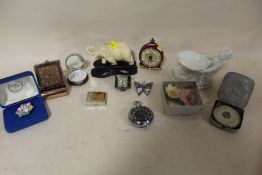 A BOX OF COLLECTABLES TO INCLUDE A HARMAN ALARM POCKET WATCH WITH BLACK DIAL (GLASS CRACKED), JAEGER