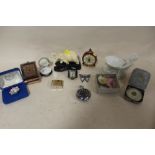 A BOX OF COLLECTABLES TO INCLUDE A HARMAN ALARM POCKET WATCH WITH BLACK DIAL (GLASS CRACKED), JAEGER