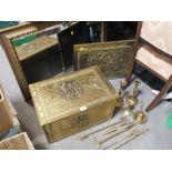 A BRASS COATED COAL BOX TOGETHER WITH A FIRE SCREEN, BRASS CANDLESTICKS, MIRROR AND TOASTING FORKS