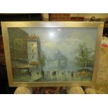 A SILVER FRAMED AND GLAZED IMPRESSIONIST OIL PAINTING OF A PARISIAN SCENE SIZE - 90CM X 60CM `