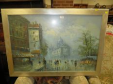 A SILVER FRAMED AND GLAZED IMPRESSIONIST OIL PAINTING OF A PARISIAN SCENE SIZE - 90CM X 60CM `