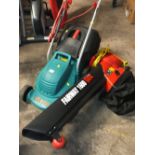 A BOSCH ROTAK 320C ELECTRIC LAWNMOWER TOGETHER WITH A POWER DEVIL FAIRWAY 1600 LEAF BLOWER