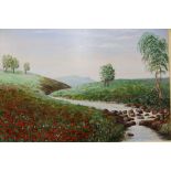 A FRAMED OIL ON BOARD OF A COUNTRY RIVER SCENE WITH POPPY FIELD - SIZE 45CM X 59CM