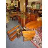 A YEW WOOD COFFEE TABLE, MAGAZINE RECK, STANDARD LAMP, MAHOGANY WALL SHELF ETC (5)