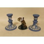 A PAIR OF WEDGWOOD JASPERWARE CANDLESTICKS TOGETHER WITH A BESWICK TROUT FIGURE - CHIPPED